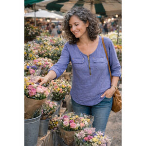 Ellen Tracy Linen Top Double Pocket 3/4 Sleeves Blouse Size 1X